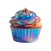 3D chrome holographic element in Y2K style, isolated background, liquid metal. Cupcake with a blue frosting and a rainbow swirl, shiny. png