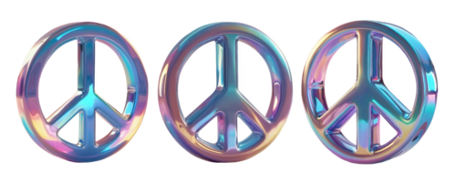 3D chrome element in Y2K style, isolated background, liquid holographic metal. Three peace symbols, different color, shiny mirror surface. png