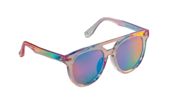 3D render holographic chrome Y2K element, isolated background. Liquid metal, sunglasses with a rainbow colored frame, clear reflective surface. png