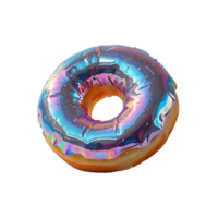 3D chrome holographic element in Y2K style, isolated background, liquid metal. Donut with metallic glaze and a rainbow pattern, shiny and reflective, futuristic. png