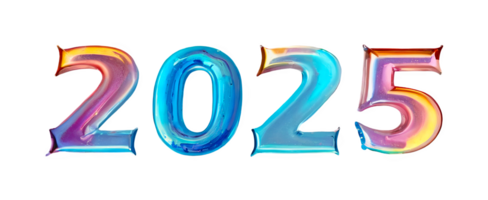 3D chrome holographic element in Y2K style, isolated background, liquid metal. The year 2025, colorful and vibrant letters. png