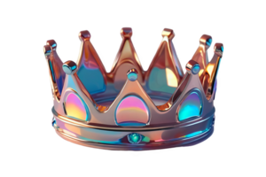 3D chrome element in Y2K style, isolated background, liquid holographic metal. A gold and blue crown with a rainbow design made of metal and has a shiny, metallic appearance. png