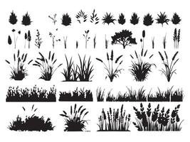 A set of silhouettes of grass and plants vector
