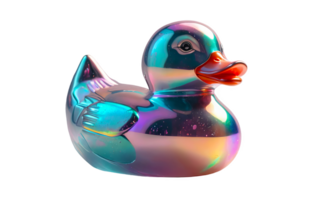 3D chrome element in Y2K style, isolated background, liquid holographic metal. The duck surrounded by a rainbow of colors, playful appearance. png