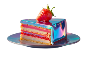3D chrome element in Y2K style, isolated background, liquid holographic metal. A slice of cake with a strawberry on top, metallic finish. png