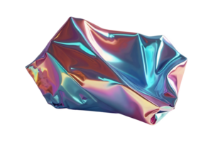 3D chrome element in Y2K style, isolated background, liquid holographic metal. Piece of shiny, colorful plastic, lump of crumpled paper with torn jagged edges, reflective surface. png