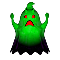 Bottom view of little green cartoon evil ghost with red mouth and eyes screaming png