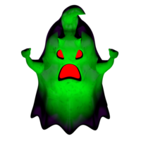 Front view of little green cartoon evil ghost with red mouth and eyes screaming png