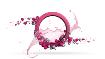 Abstract composition with red circular frame with pink liquid splash surrounded by red and grey spheres floating against grey background. 3D Illustration png