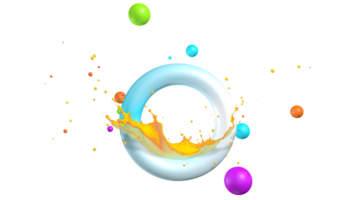 Abstract composition with a blue and white circular frame with a splash of yellow liquid surrounded by yellow and orange spheres floating against a gray background. 3D Illustration png