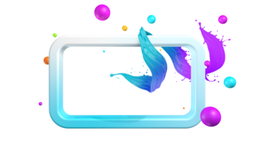 Abstract composition with a rectangular light blue frame with a splash of violet liquid surrounded by spheres floating against a gray background. 3D Illustration png