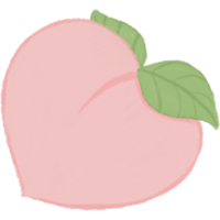 A simple illustration of a peach, showing it in light pink with two green leaves. The design is simple and has a soft, pastel-like texture. Focusing on the round shape of the peach. png