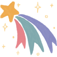 Illustration of a meteor with a yellow star in front and colorful lines in pink, green, and purple. Around the meteor there are sparks and tiny stars. It creates an unusual and playful look. png