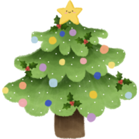 Illustration of a Christmas tree decorated with colorful ornaments, holly leaves and a yellow star at the top with a cute face. The tree has a soft and playful design with a holiday theme. png