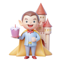Smiling 3D Cartoon Character with Cake and Castle png