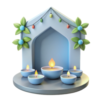 3D Render of Candles in a House-Shaped Structure Decorated with Flowers and Lights png