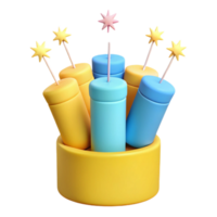 Colorful 3D Render of Fireworks in a Yellow Container png
