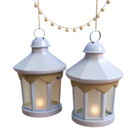 Two White Lanterns with Yellow Accents Hanging from a String of Lights png