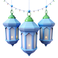 Three Lit Lanterns Hanging From String of Lights png