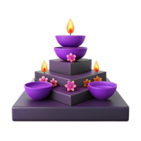 Purple Diya Lamps on a Pyramid Shaped Platform with Flowers png