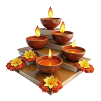 Five Lit Diyas Arranged in a Pyramid on a Wooden Platform png