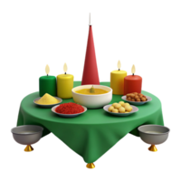 3D Rendered Tabletop with Candles, Bowl of Food, and Spices png
