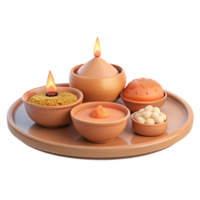Clay Diya with Candles, Powder, and Round Objects on Tray png
