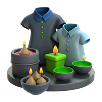 3D Rendered Scene with Candles, Bowls, and Shirts png