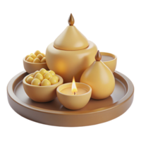 3D Render of a Festive Tray with Bowls, a Candle, and a Teapot png