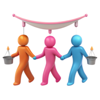 Three 3D Figures Holding Buckets and Walking Under a Hanging Object png