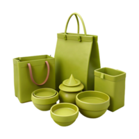 Green Shopping Bag and Bowls 3D Render png
