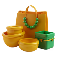 3D Render of a Yellow Shopping Bag, Bowls, and a Green Box png