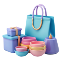 3D Rendered Illustration of Colorful Shopping Bag, Gift Boxes, and Bowls png