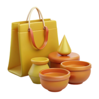 3D Render of Shopping Bag with Pots and Bowls png