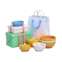 3d rendido presentes, velas e compras saco png