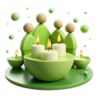 Three Candles in a Bowl Surrounded by Green Shapes png