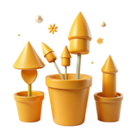 3D Rendered Illustration of Yellow Pots with Geometric Shapes and Flowers png