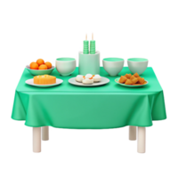 Table Setting with Green Tablecloth, Dessert, and Bowls png