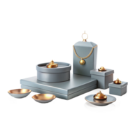 Elegant Gray and Gold Gift Boxes with Decorative Tops and Saucers png
