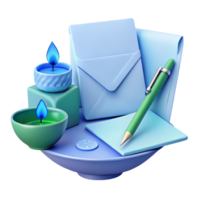3D Render of Envelopes, Candles, and Pen on a Plate png