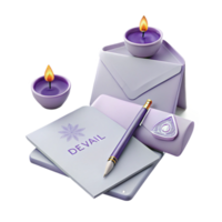 Purple Envelope with Candles and Pen on Notepad png