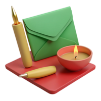3D Render of a Green Envelope, Candle, and Pens on a Red Surface png