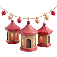 Three Festive Lanterns Hanging From a String of Lights png