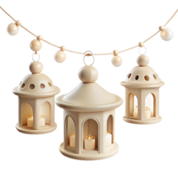 Three Beige Lanterns with Candles and String Lights png