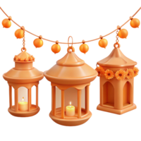 Three Orange Lanterns with Candles and String Lights png