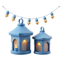 3D Render of Blue Lanterns with String of Lights png