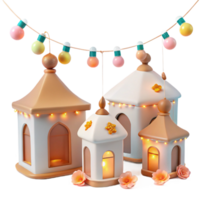 3D Rendered Festive Lanterns with String Lights and Flowers png