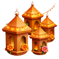Three Decorative Lanterns with String Lights and Flowers png