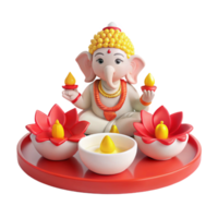 3D Render of a Ganesha Statue with Lotus Flowers and Candles png