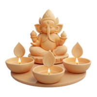 Ganesha Figurine with Burning Diyas png
